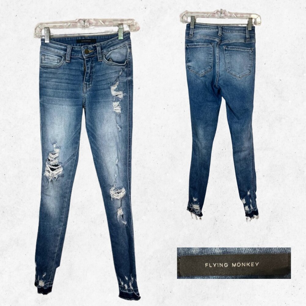 Flying Monkey Women’s‎ Jeans 24 Waist Mid Rise Ankle Skinny Distressed Raw Hem 0